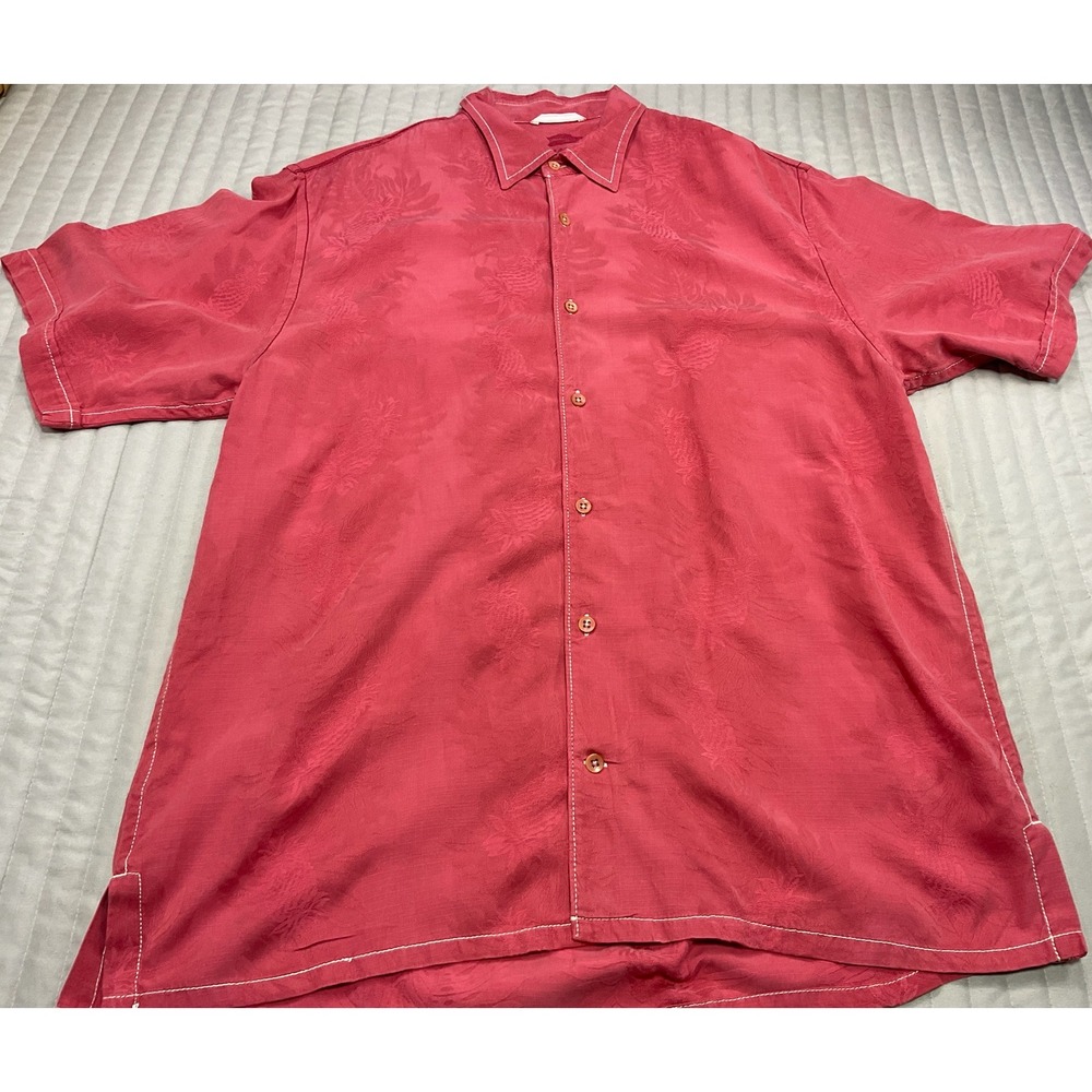 Tommy Bahama Mens Jacquard 60% Silk Camp Shirt XL Red Pineapple Contrast Stitch - Picture 3 of 10